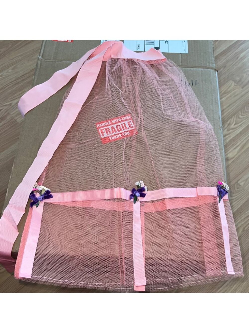 Pink Mesh Apron With Ribbon & Floral Accents Cottagecore DaintyGrandmacore VTG
